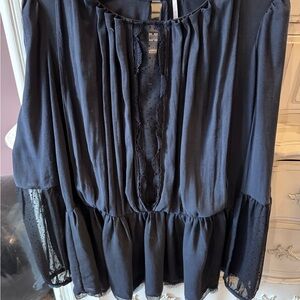 Free People Black Peplum open back Blouse with Sheer Sleeve Detail